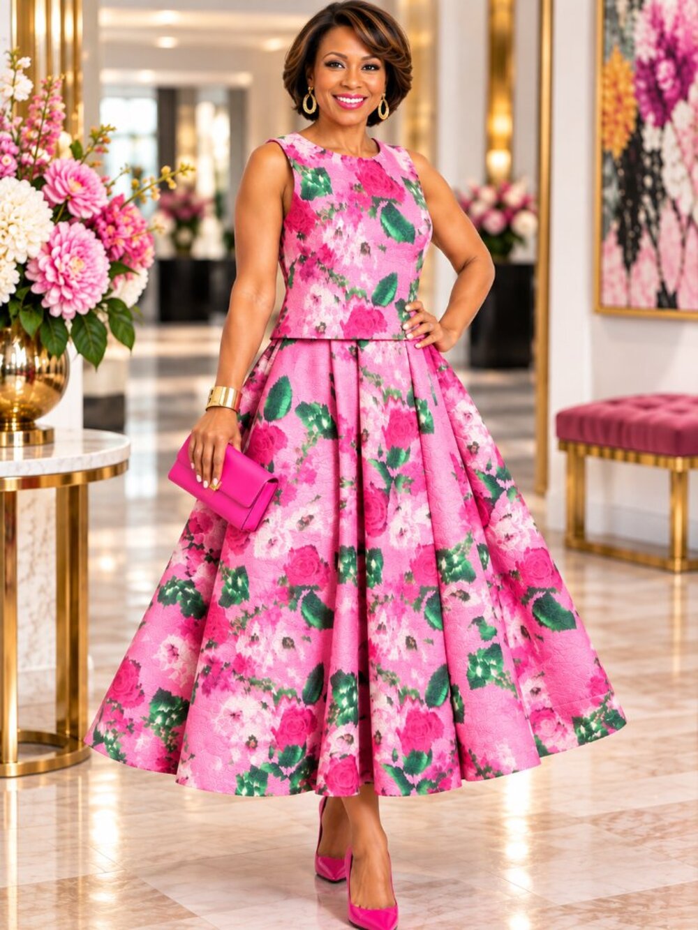 Maison Tara Pink Floral Jacquard Fit & Flare Midi Dress Size 4
